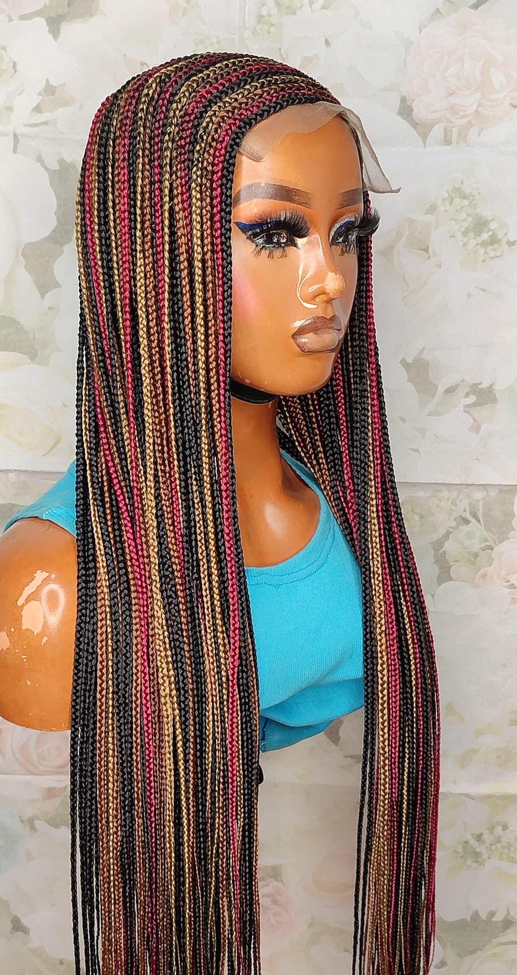 C-Cut Lace Frontal Conrow, Glueless Side-Part Long Red Gold Black Rainbow Braids Wig