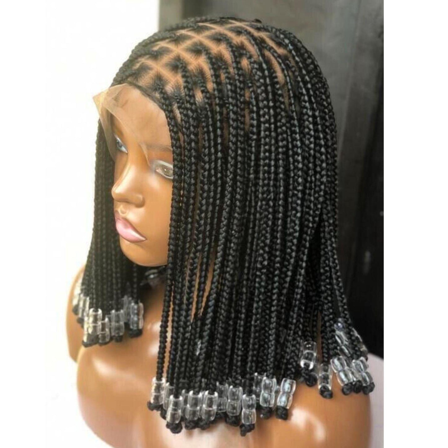 Black full lace single knotless big box braids short bob wig with beads for Black Women – free part human baby hair chunky braids – product image 6