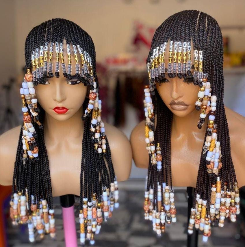 Braids wig with Bangs, Fringe braided wig with beads, short bob African tribal conrow wig Cleopatra