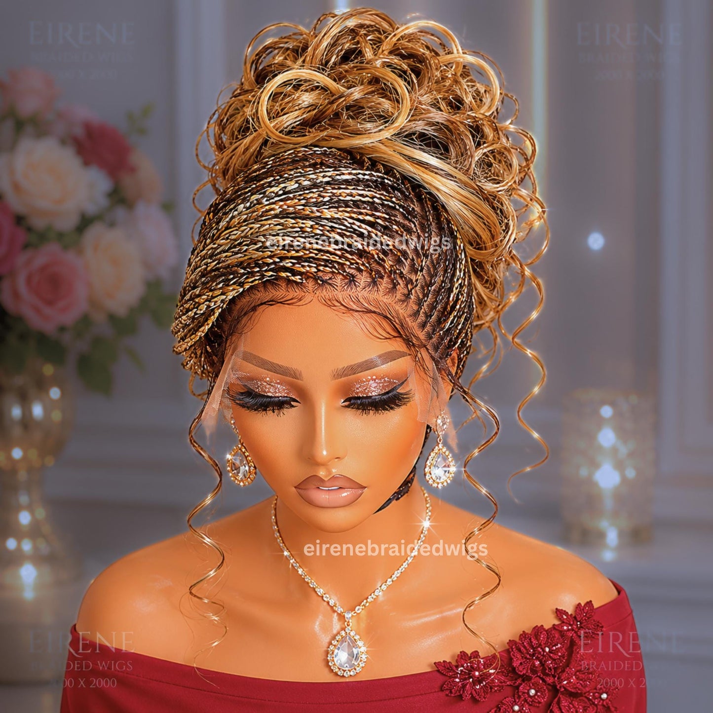 Braided Wigs for Black Women – Knotless Braid Wig – Ombre Spanish Curls – French Nano Twist – Human Hair Full Lace Wig – Gold Brown – product image 6