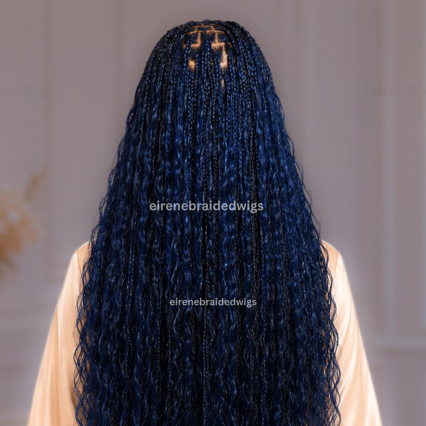 30inch Braided Wigs for Black Women – Knotless Boho Goddess Braid Wig – Black Blue Curly Human Hair Blend Full Lace Wig – product image 6