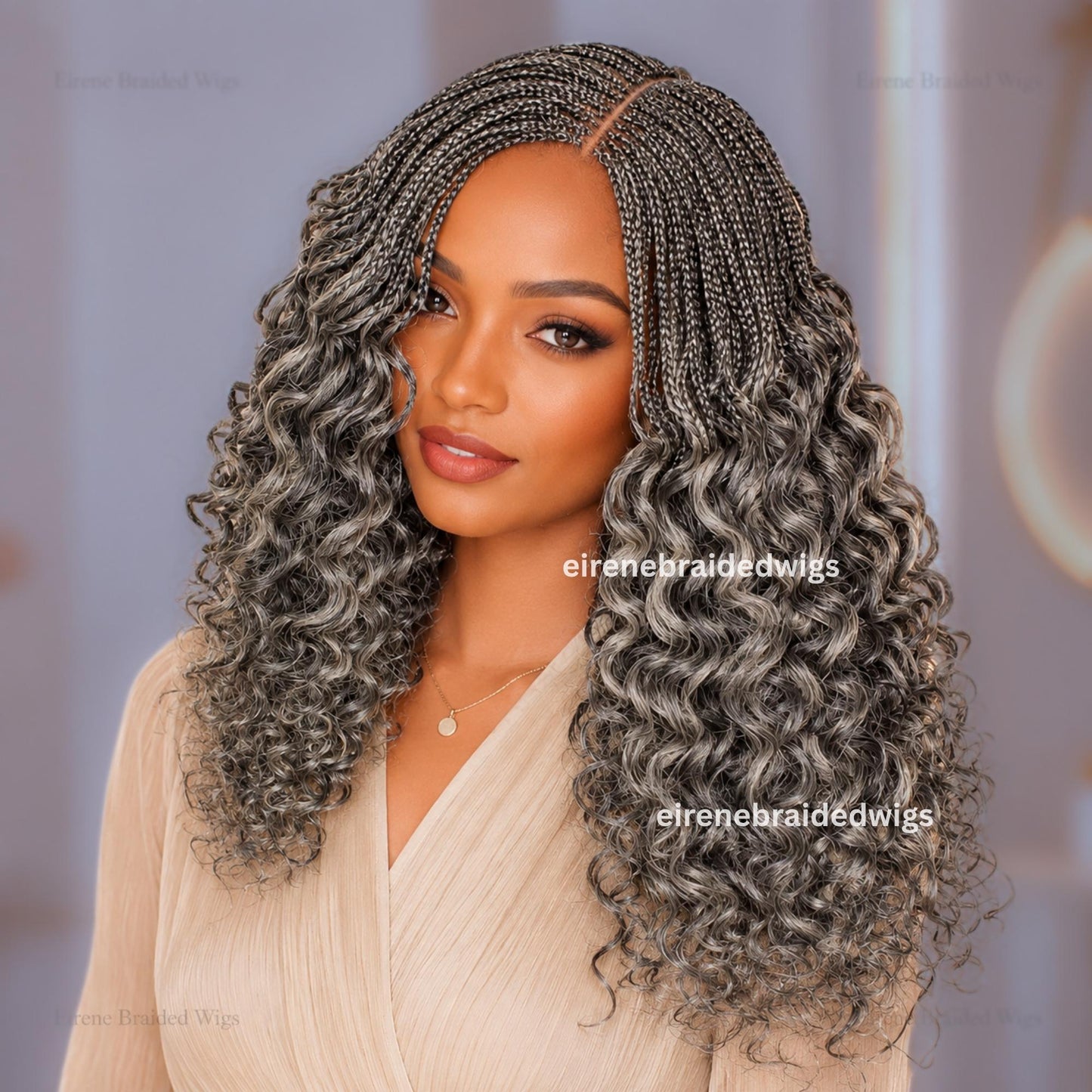 Braided Wig for Black Women – Salt and Pepper Silver Grey Curly Lace Closure Single Braids Wig – product image 3