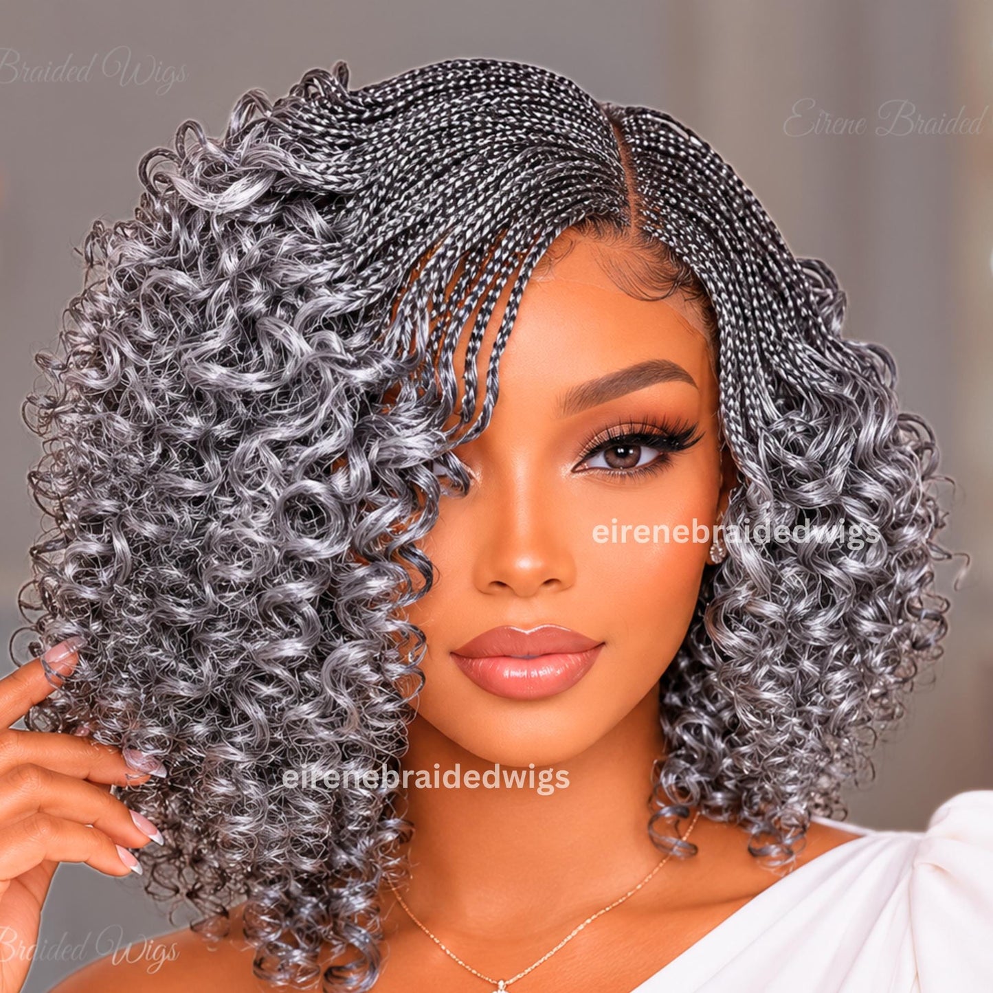Braided Wigs for Black Women – 10 Inch Curly Salt and Pepper Single Box Braids Wig – Lightweight Lace Closure Wig – product image 6