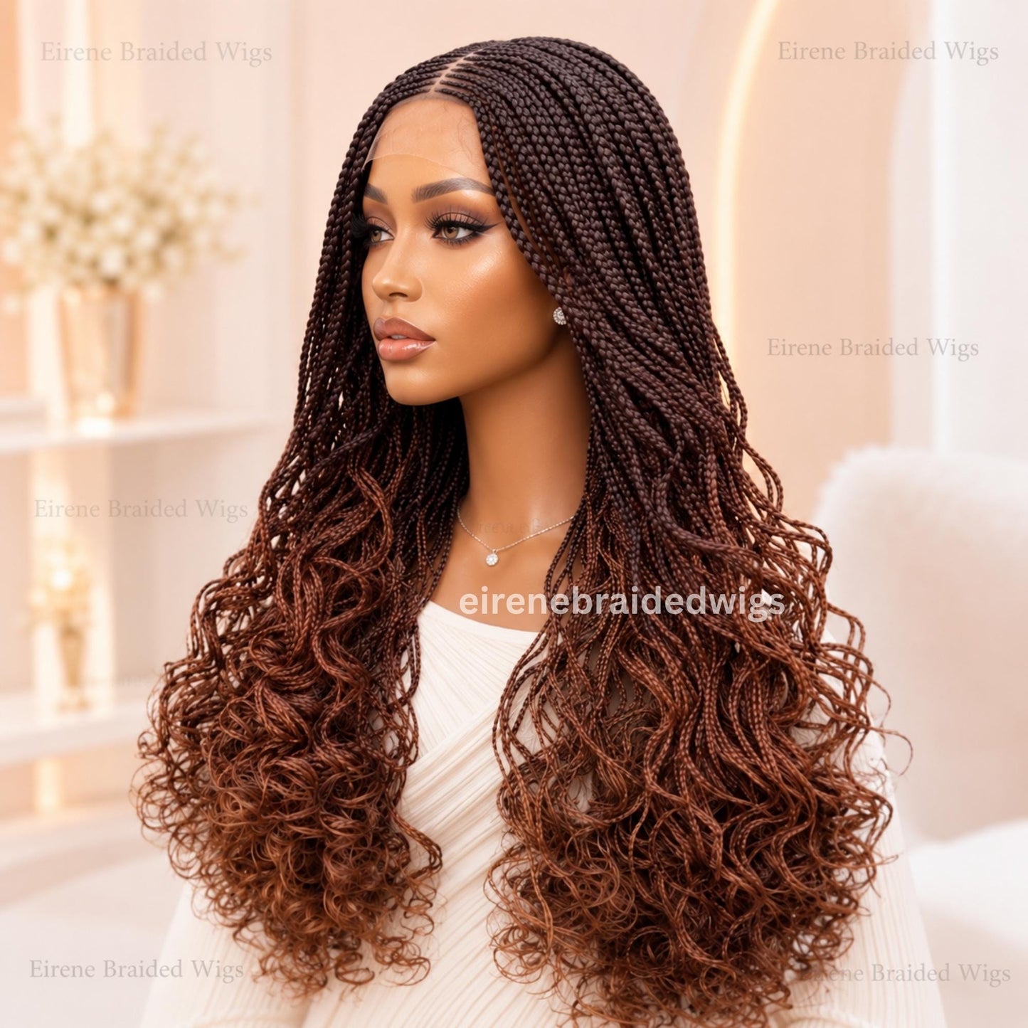 22inch Black Brown Ombre Curly Braided Wigs for Black Women – Handmade Single Braids Wig – Cornrow Weave – 2x4 Lace Closure – product image 4