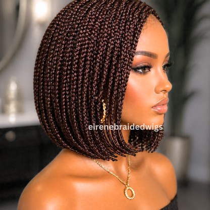 Brown Short Bob Braided Wig, Human Hair Lace Closure, Middle Part Single Box Braids