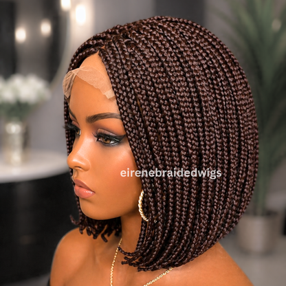 Brown Short Bob Braided Wig, Human Hair Lace Closure, Middle Part Single Box Braids