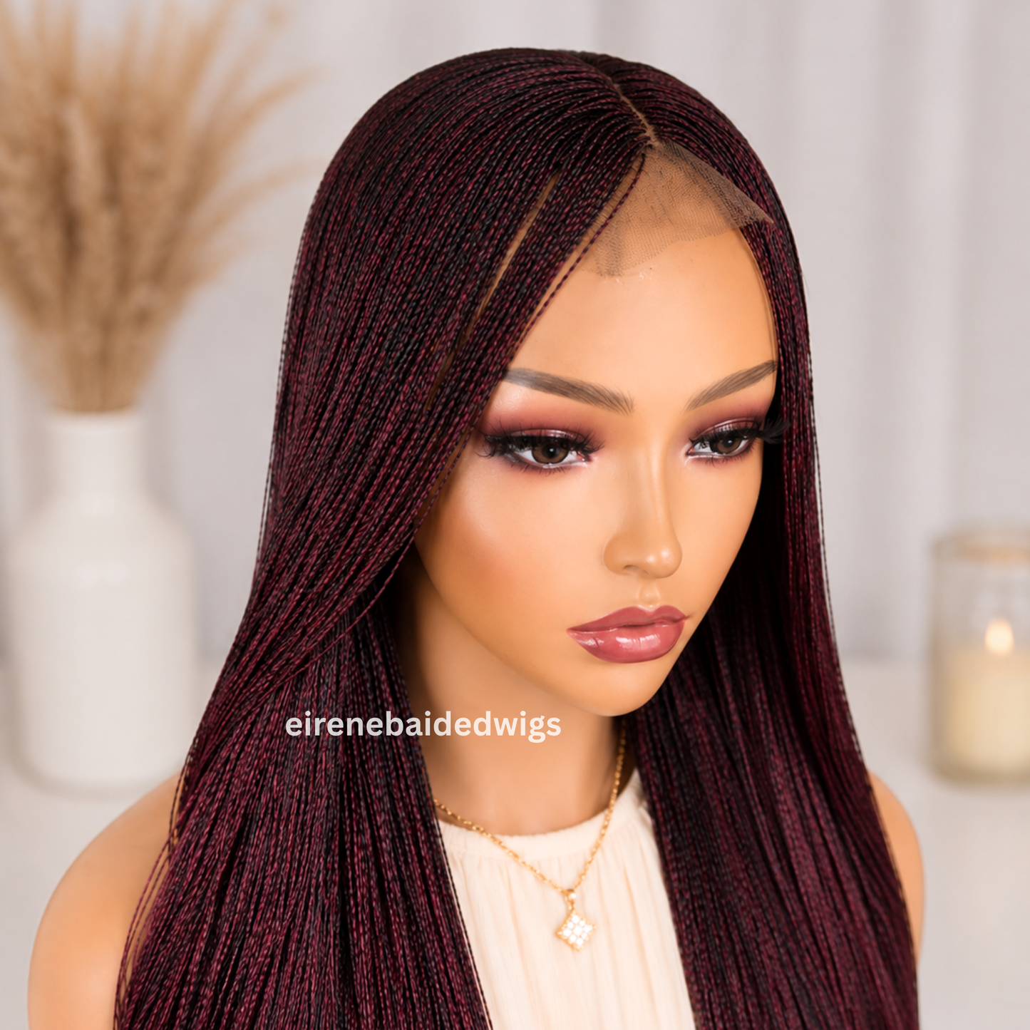 Braided Wigs For Black Women 28 Inch Micro Twist Wig: Human Hair Lace Closure, Red Nano Braids