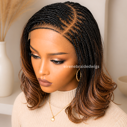 14in Knotless Spanish Curls Bob Braided Wig, Black Gold Ombre Lace Frontal C-cut Box Braids