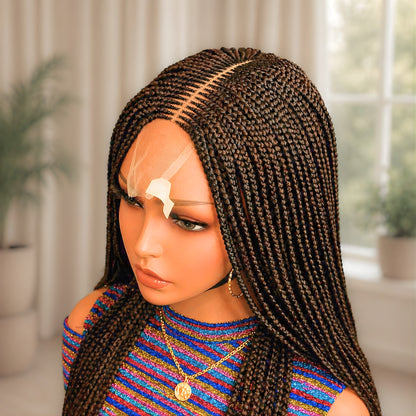 22inches Brown Braided Wigs, Handmade Conrow Weave, 2x4 Lace Closure