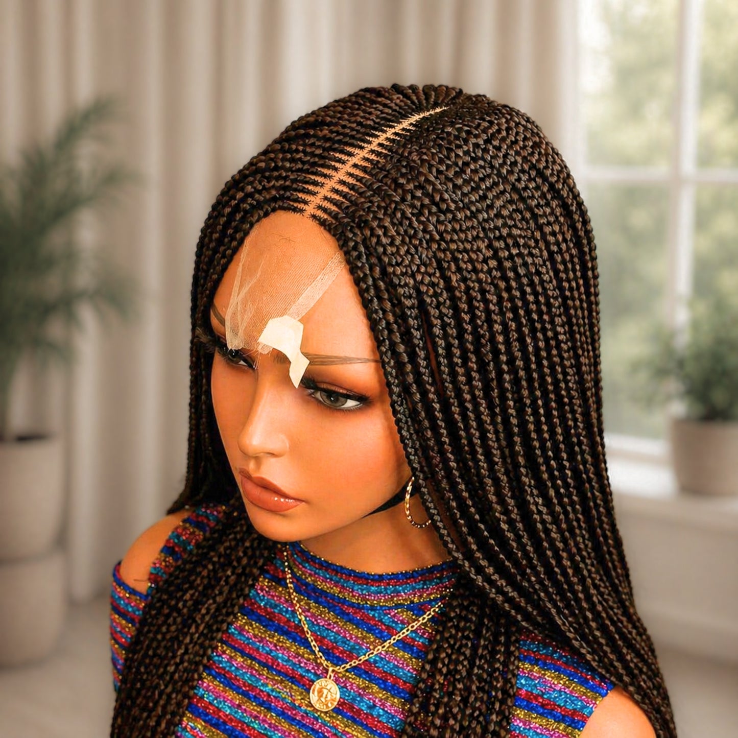 22inches Brown Braided Wigs, Handmade Conrow Weave, 2x4 Lace Closure