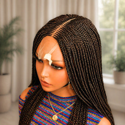 22inches Brown Braided Wigs, Handmade Conrow Weave, 2x4 Lace Closure