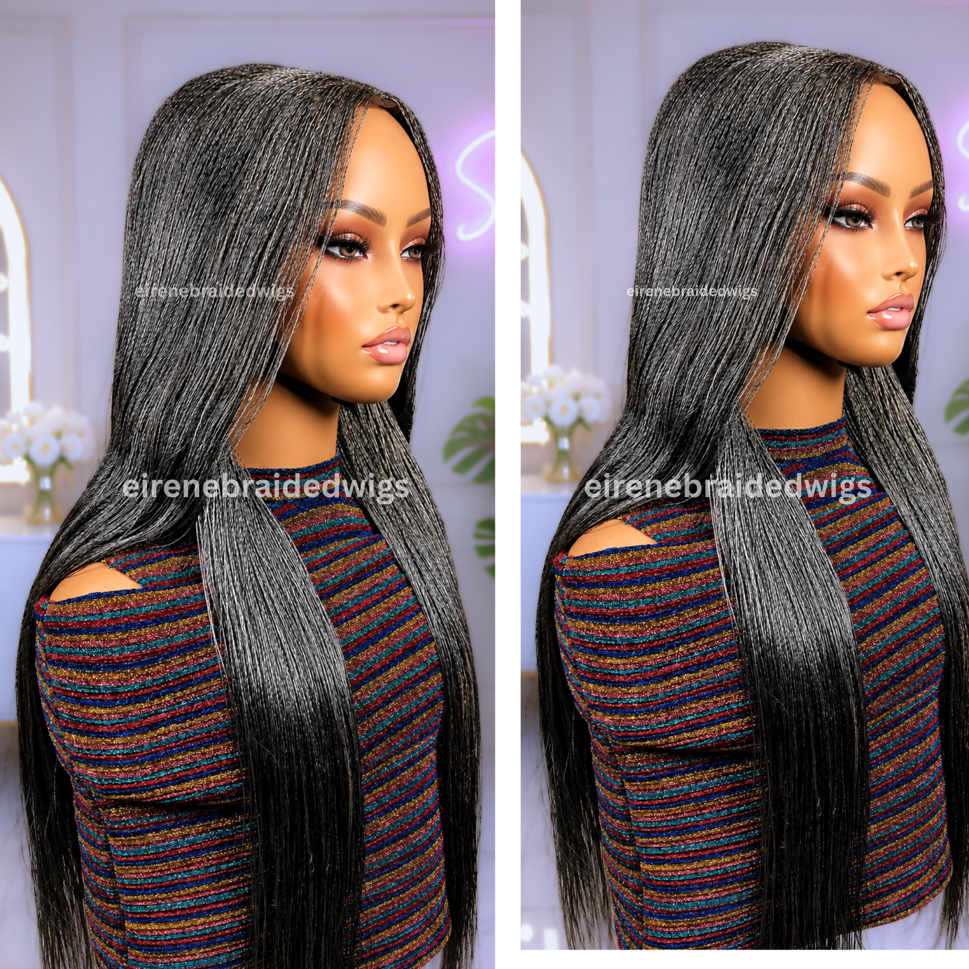 28 inch Twist Human Hair Wig, Lace Closure Nano Braids, Silver / Black/Grey / Salt add Pepper Million Braids