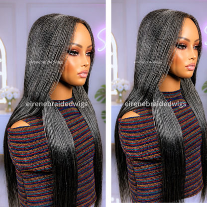 28 inch Twist Human Hair Wig, Lace Closure Nano Braids, Silver / Black/Grey / Salt add Pepper Million Braids