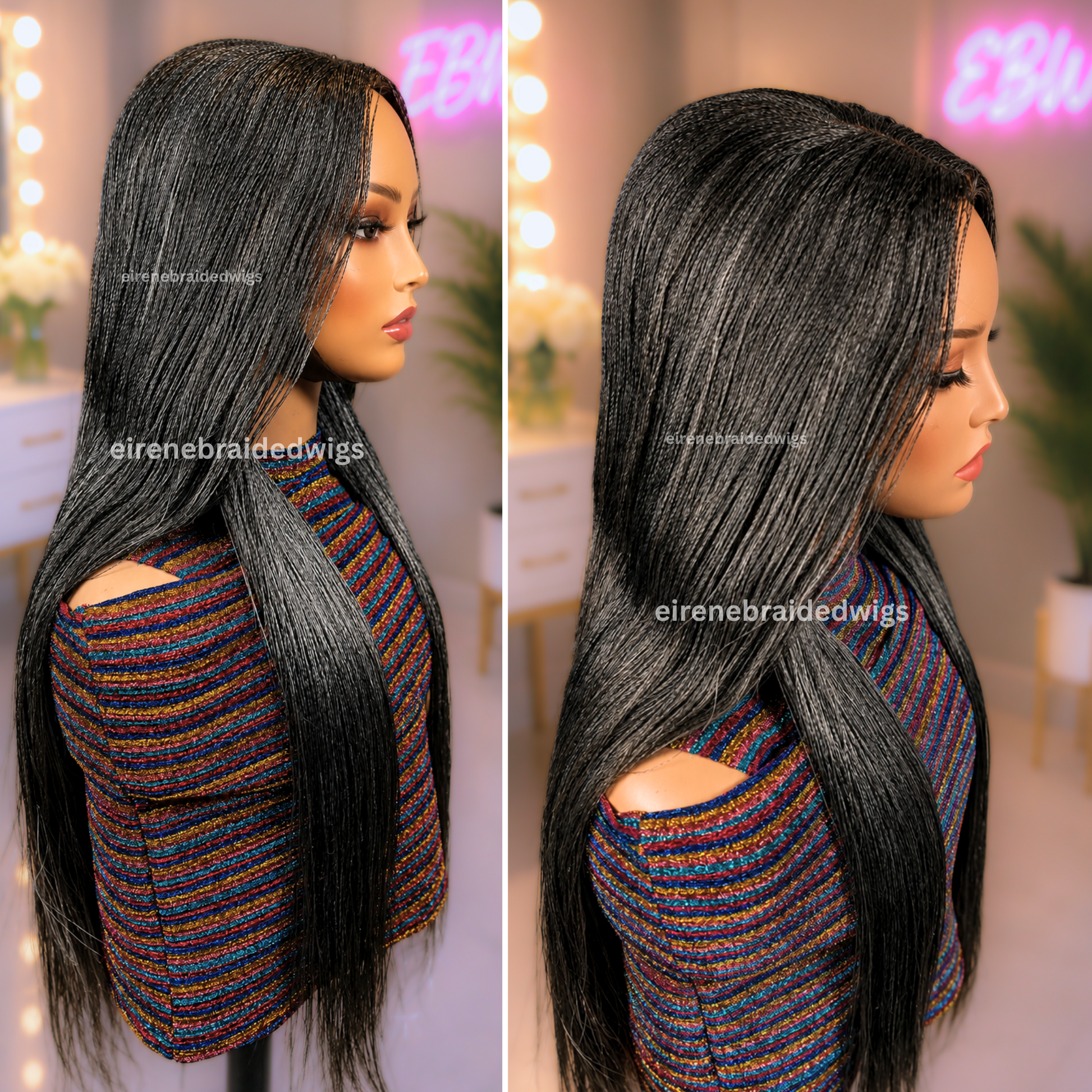 28 inch Twist Human Hair Wig, Lace Closure Nano Braids, Silver / Black/Grey / Salt add Pepper Million Braids 2