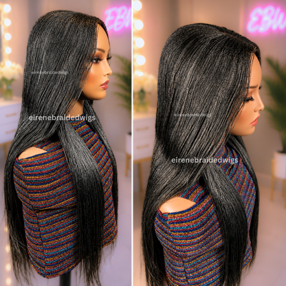 28 inch Twist Human Hair Wig, Lace Closure Nano Braids, Silver / Black/Grey / Salt add Pepper Million Braids 2