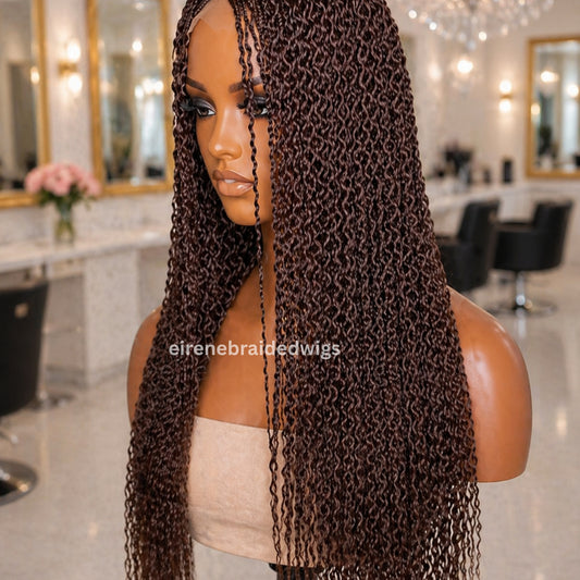 Brown Braided Wigs For Black Women Braided Wig, Brown Crinky Twist Million Braids, Lace Closure