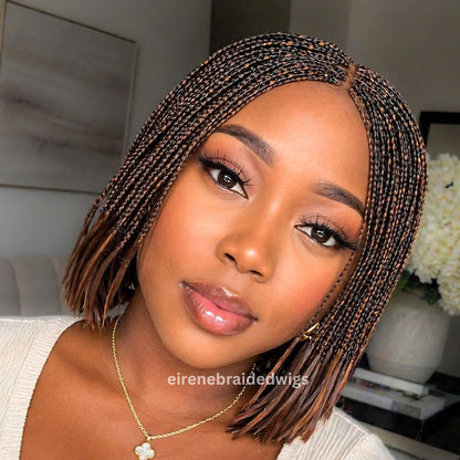 Bob Braids Wig, Bob Wig For Black Women, Short Brown Conrow Wig, Centre Parting Shoulder Length Human Hair Lace Closure Box Braided Wig