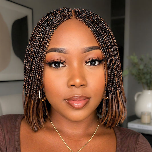 Bob Braids Wig, Bob Wig For Black Women, Short Brown Conrow Wig, Centre Parting Shoulder Length Human Hair Lace Closure Box Braided Wig