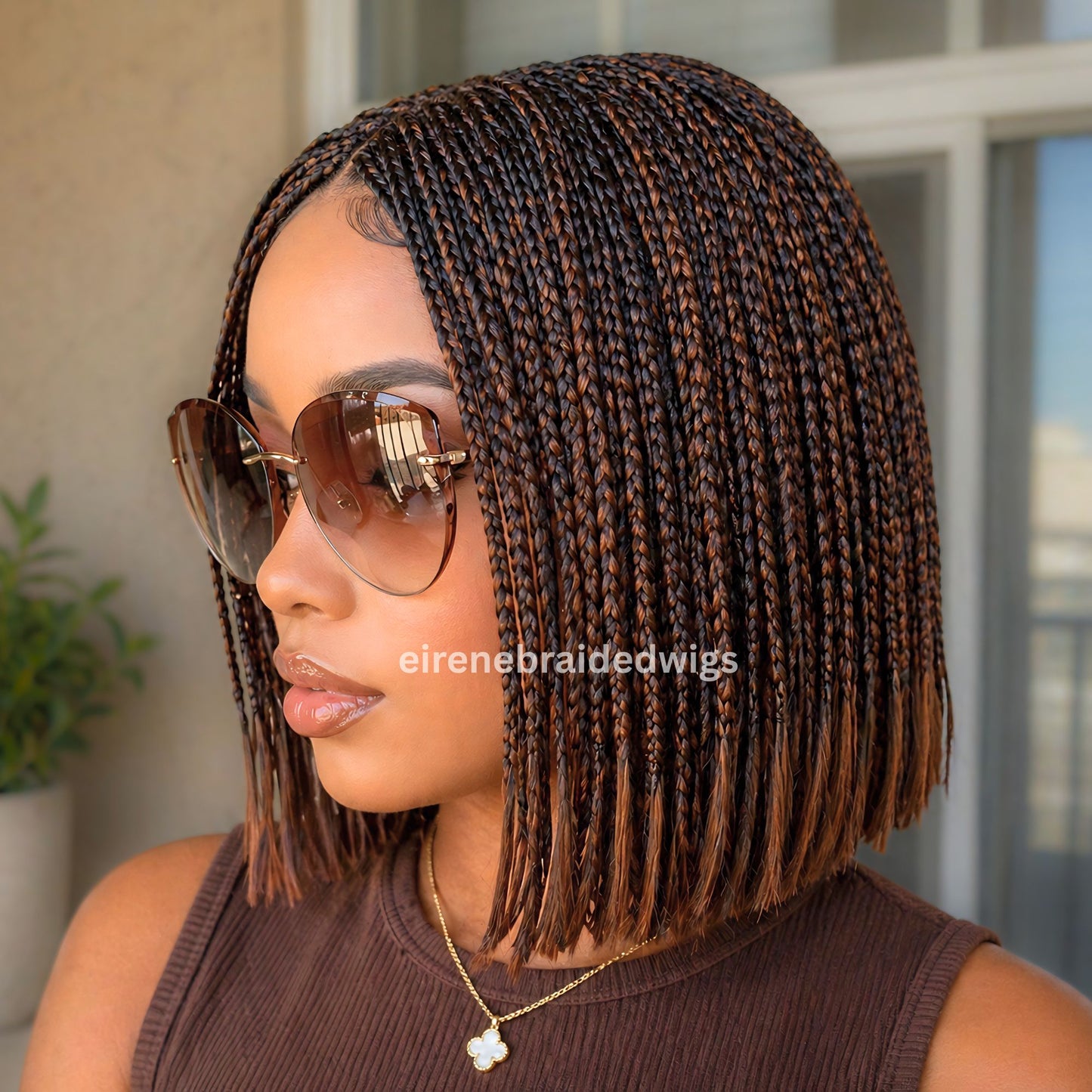 Bob Braids Wig, Bob Wig For Black Women, Short Brown Conrow Wig, Centre Parting Shoulder Length Human Hair Lace Closure Box Braided Wig