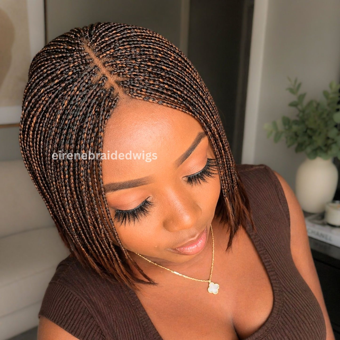 Bob Braids Wig, Bob Wig For Black Women, Short Brown Conrow Wig, Centre Parting Shoulder Length Human Hair Lace Closure Box Braided Wig