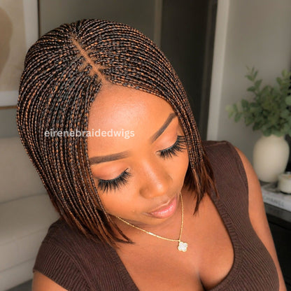 Bob Braids Wig, Bob Wig For Black Women, Short Brown Conrow Wig, Centre Parting Shoulder Length Human Hair Lace Closure Box Braided Wig