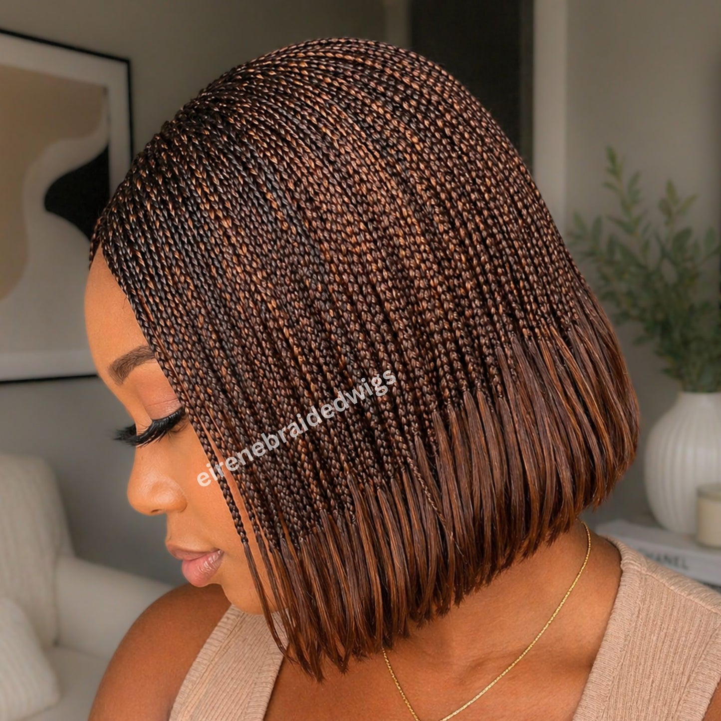 Bob Braids Wig, Bob Wig For Black Women, Short Brown Conrow Wig, Centre Parting Shoulder Length Human Hair Lace Closure Box Braided Wig