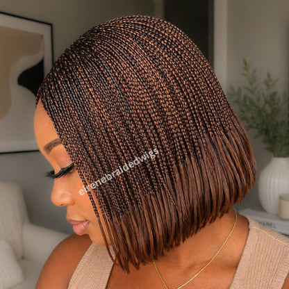 Bob Braids Wig, Bob Wig For Black Women, Short Brown Conrow Wig, Centre Parting Shoulder Length Human Hair Lace Closure Box Braided Wig