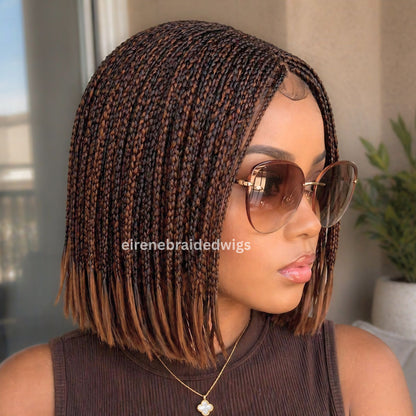 Bob Braids Wig, Bob Wig For Black Women, Short Brown Conrow Wig, Centre Parting Shoulder Length Human Hair Lace Closure Box Braided Wig