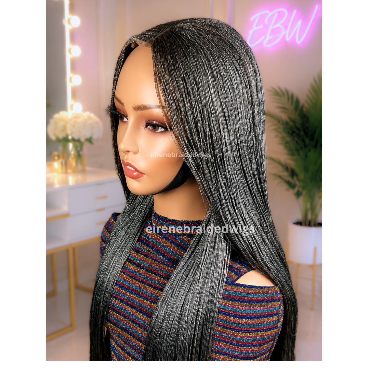 28 inch Twist Human Hair Wig, Lace Closure Nano Braids, Silver / Black/Grey / Salt add Pepper Million Braids
