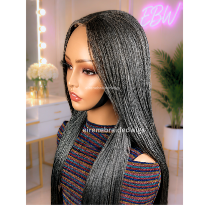 28 inch Twist Human Hair Wig, Lace Closure Nano Braids, Silver / Black/Grey / Salt add Pepper Million Braids