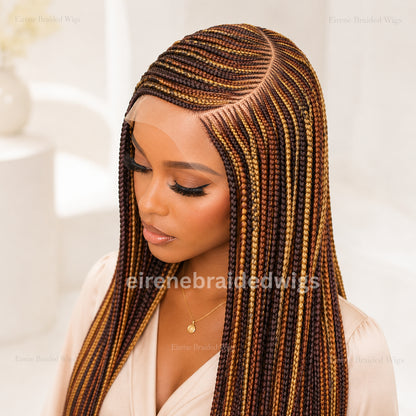 Braided Wigs For Black Women Braided Wig, C-Cut Lace Frontal Brown Gold Rainbow Conrow Wig
