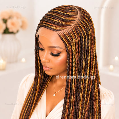 Braided Wigs For Black Women Braided Wig, C-Cut Lace Frontal Brown Gold Rainbow Conrow Wig