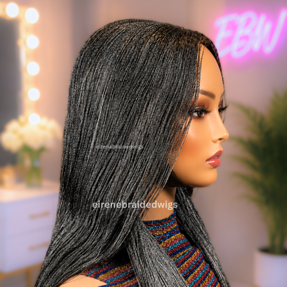 28 inch Twist Human Hair Wig, Lace Closure Nano Braids, Silver / Black/Grey / Salt add Pepper Million Braids