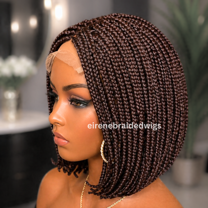 Brown Short Bob Braided Wig, Human Hair Lace Closure, Middle Part Single Box Braids