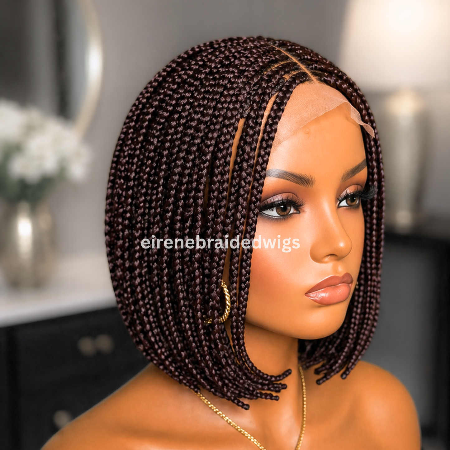 Brown Short Bob Braided Wig, Human Hair Lace Closure, Middle Part Single Box Braids