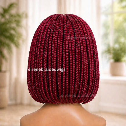 Braided Wigs For Black Women, Red Aurburn Burgundy Short Bob Braids Wig, Human Hair Lace Closure Single Box Braids