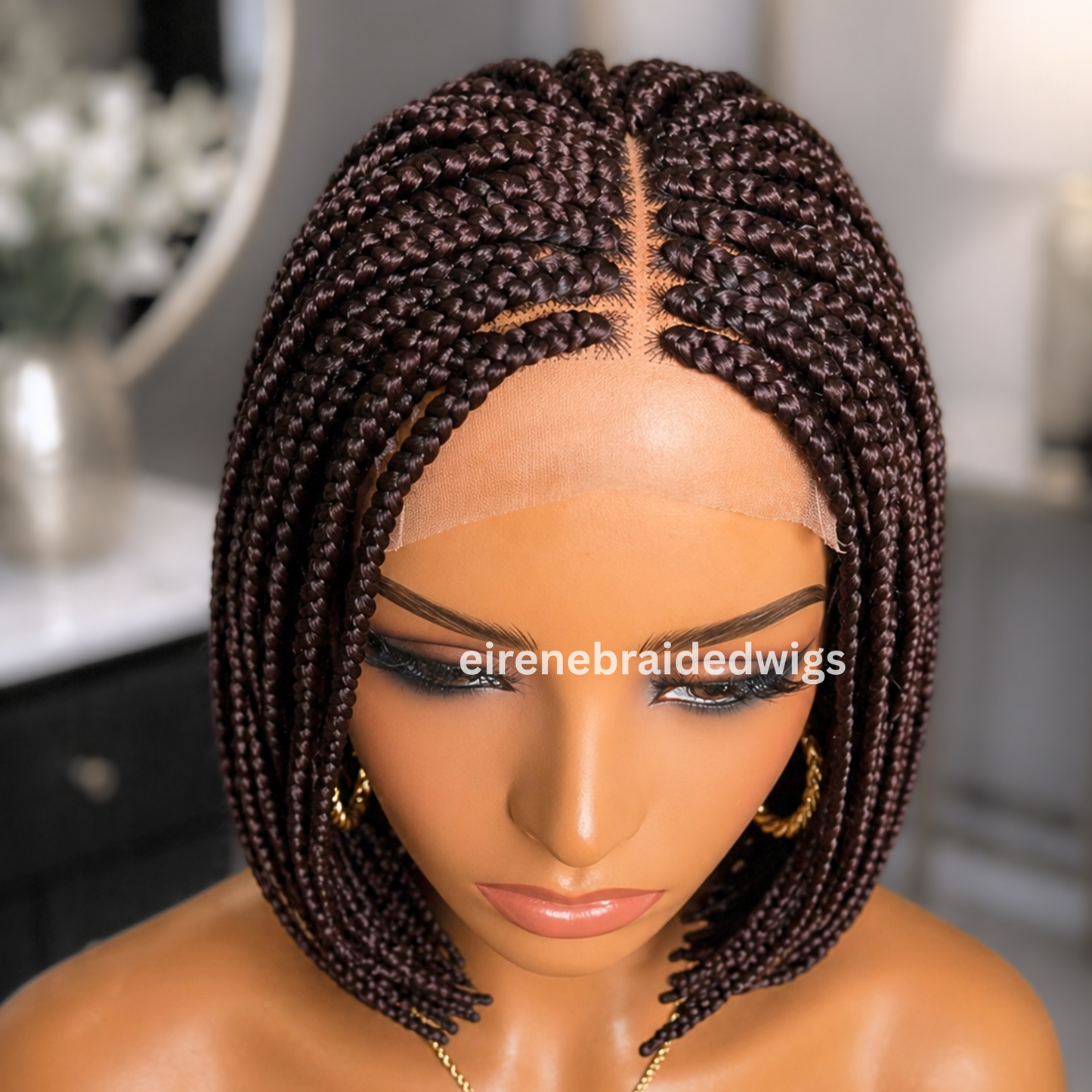 Brown Short Bob Braided Wig, Human Hair Lace Closure, Middle Part Single Box Braids