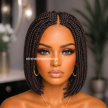 Brown Short Bob Braided Wig, Human Hair Lace Closure, Middle Part Single Box Braids