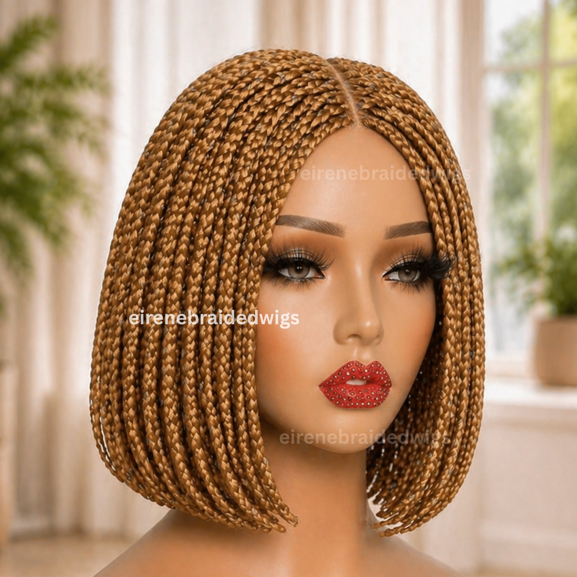 Braided Wigs For Black Women, Bronze Gols Short Bob Braided Wig: Human Hair Lace Closure, Single Box Braids 