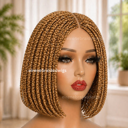 Braided Wigs For Black Women, Bronze Gols Short Bob Braided Wig: Human Hair Lace Closure, Single Box Braids 