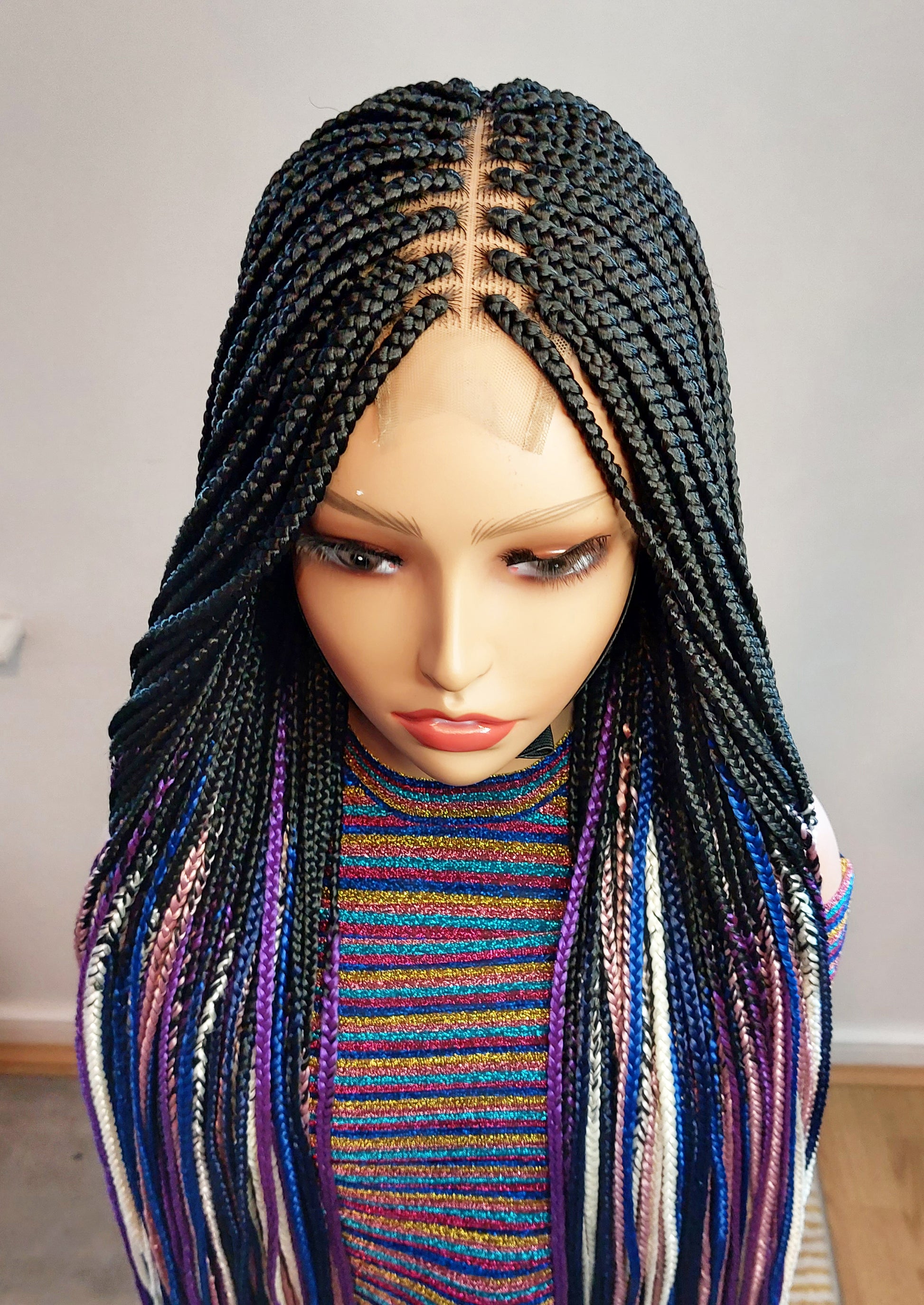 Box Braids Fully Hand Braided Ombre Lace Wig (Blue / Purple) Box