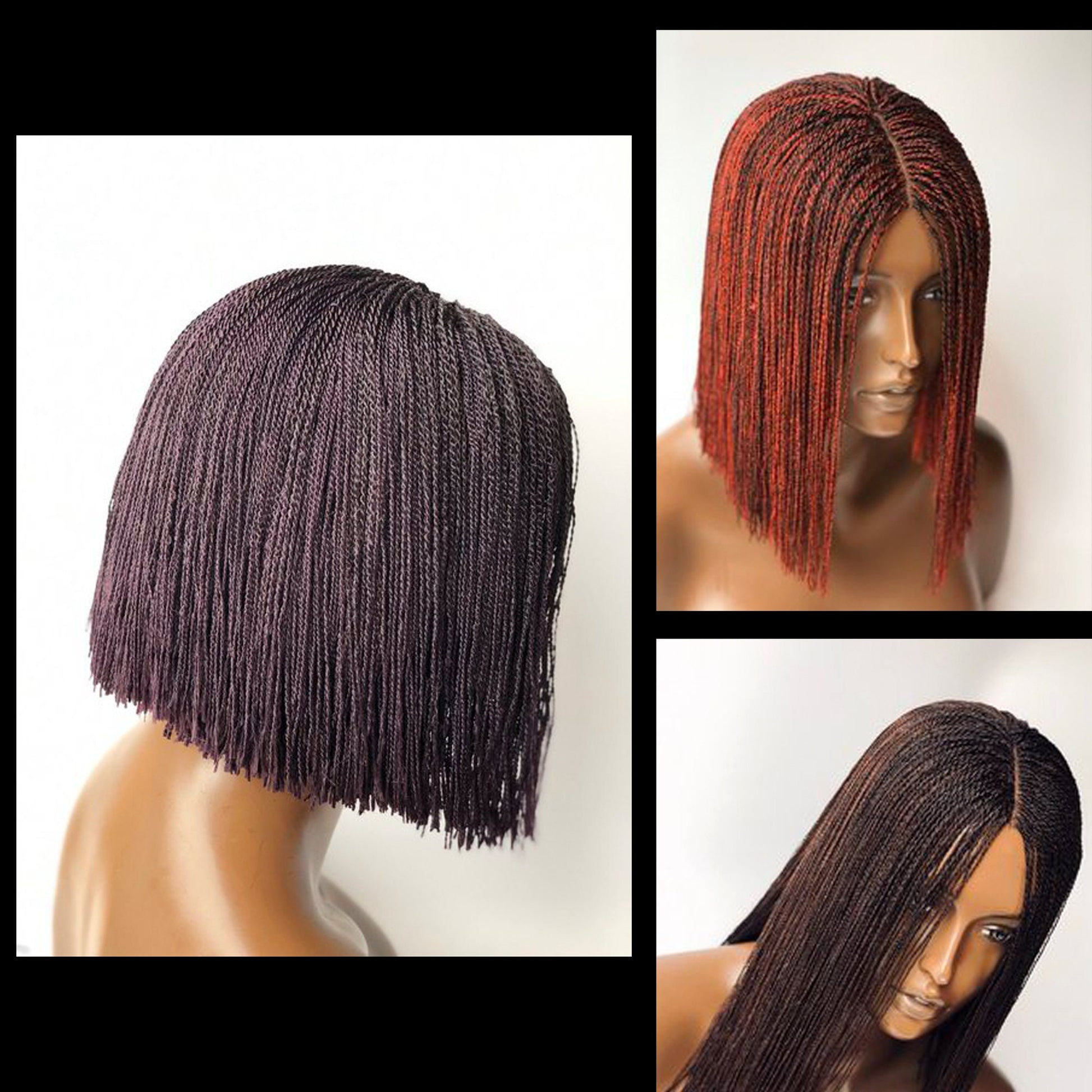 Braided Wigs for Black Women Short Bob Braided Micro Twist Wig – Human Hair Lace Closure – Red Black Purple – product image 6