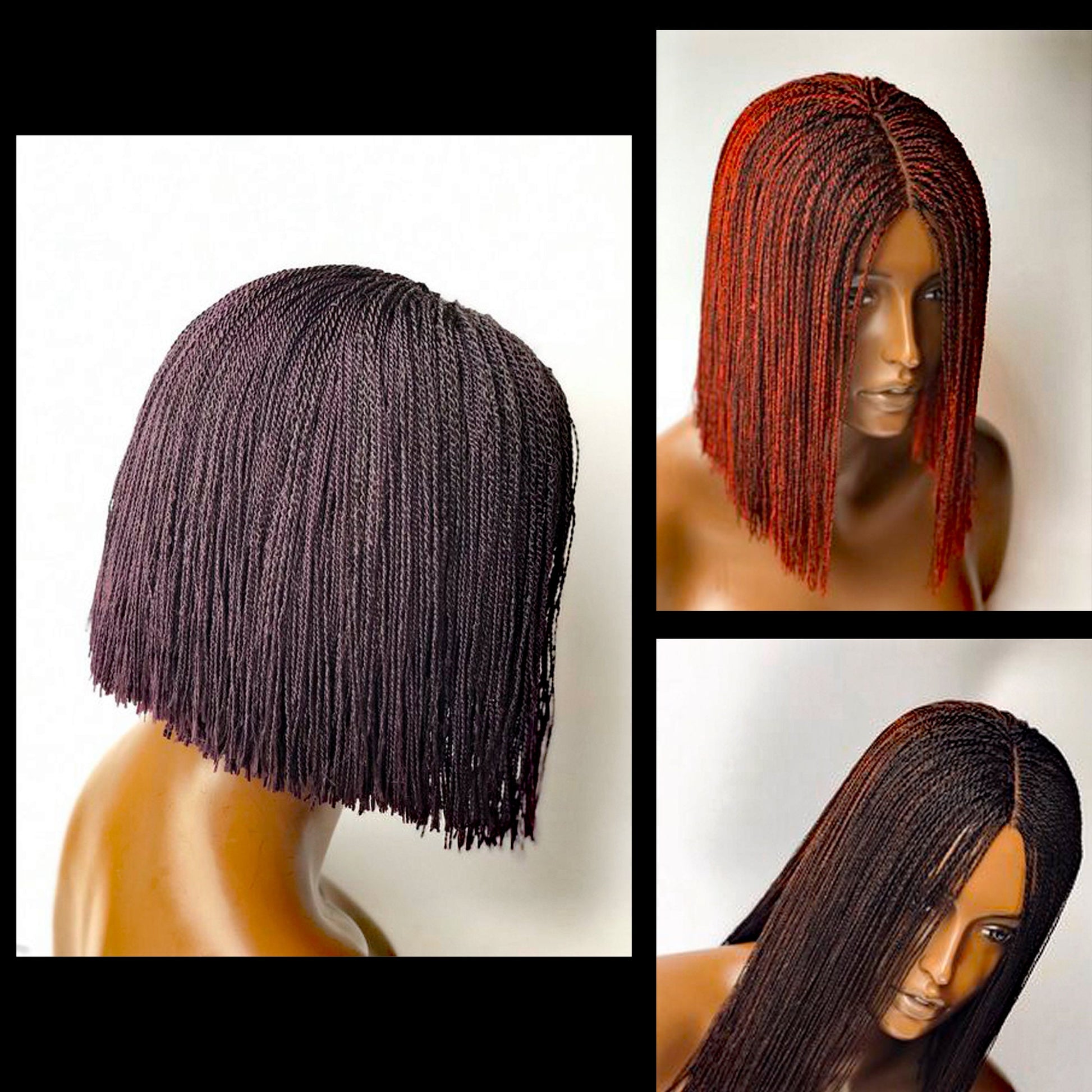 Braided Wigs for Black Women Short Bob Braided Micro Twist Wig – Human Hair Lace Closure – Red Black Purple – product image 5