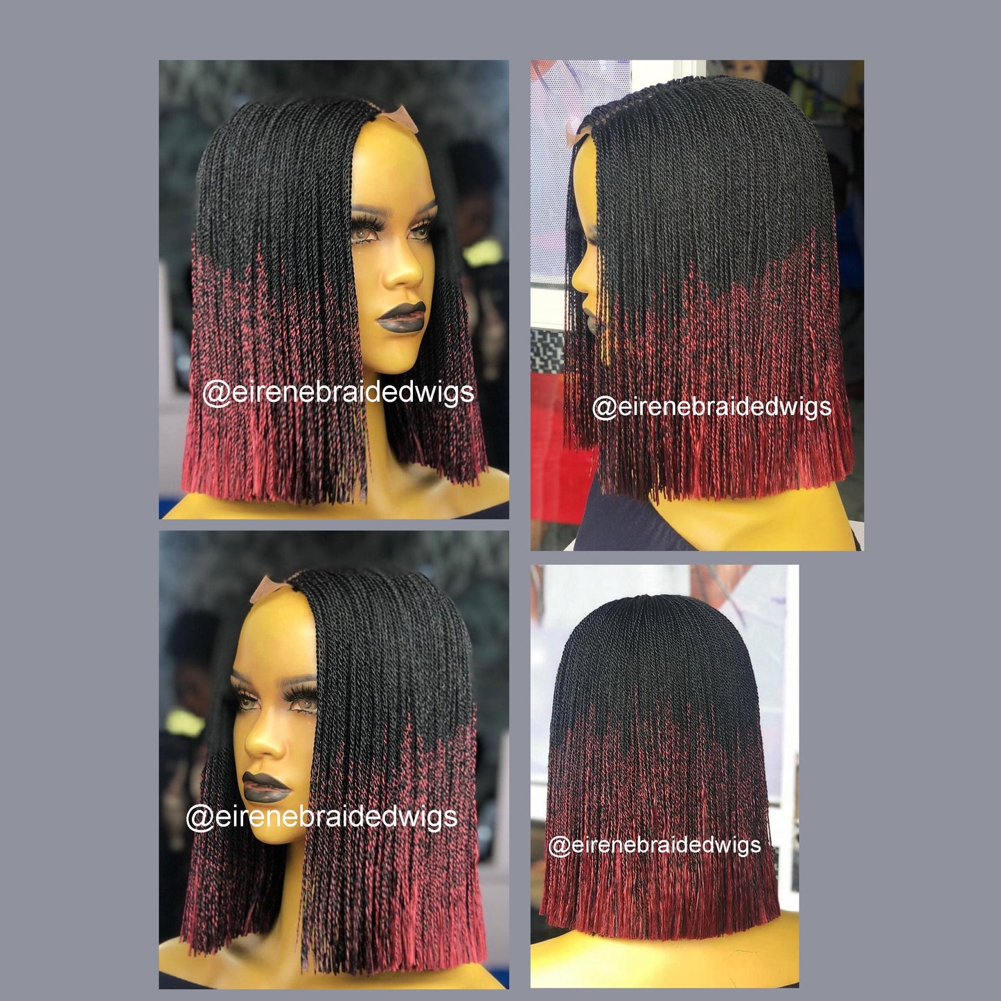 Braided Wigs for Black Women Short Bob Braided Micro Twist Wig – Human Hair Lace Closure – Red Black Purple – product image 1