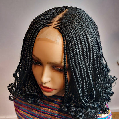 READY TO SHIP Braided Wig for Black Women – Spanish curls short bob lace closure braids wig – fulani Cornrow full density Black – product image 4