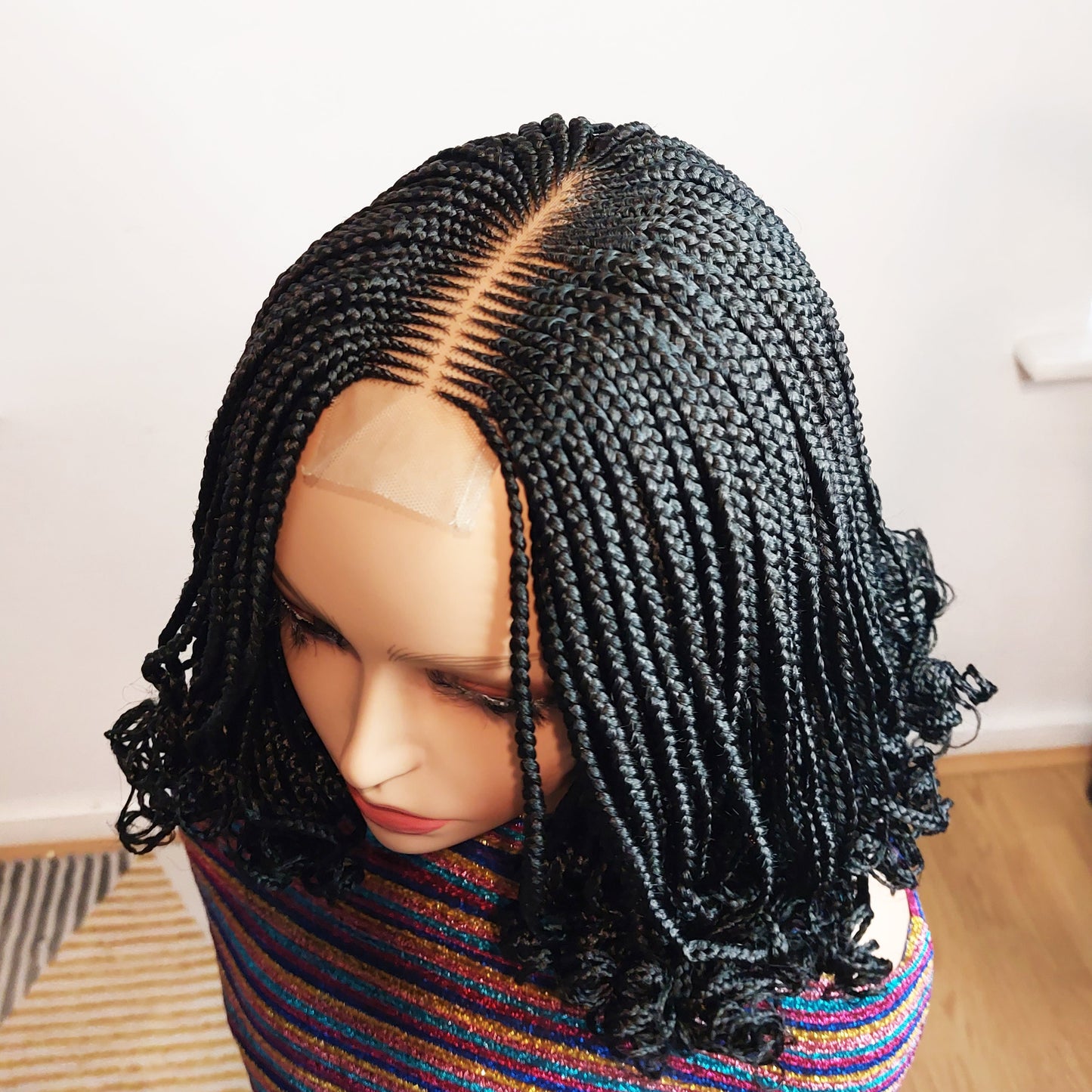 READY TO SHIP Braided Wig for Black Women – Spanish curls short bob lace closure braids wig – fulani Cornrow full density Black – product image 8