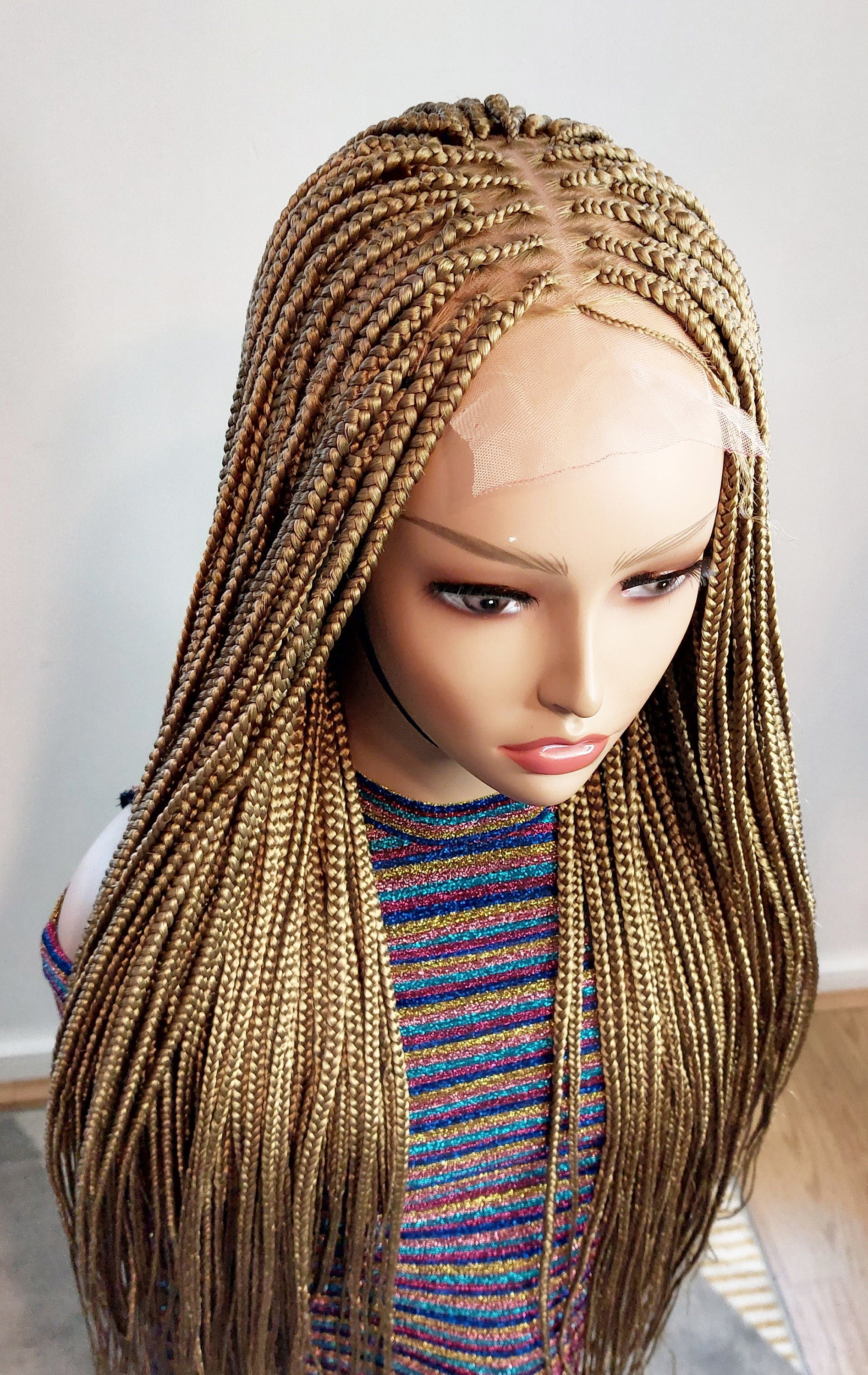 Knotless Box Braids Wig for Black Women – Gold long single braid full lace front wig – handmade glueless straight small medium – product image 8