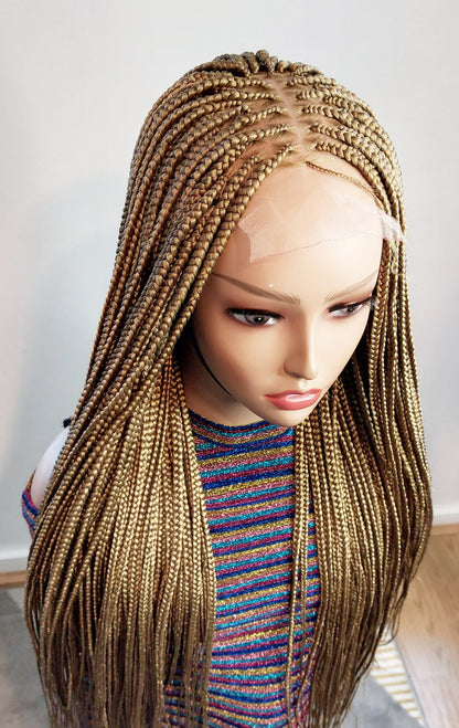 Knotless Box Braids Wig for Black Women – Gold long single braid full lace front wig – handmade glueless straight small medium – product image 8