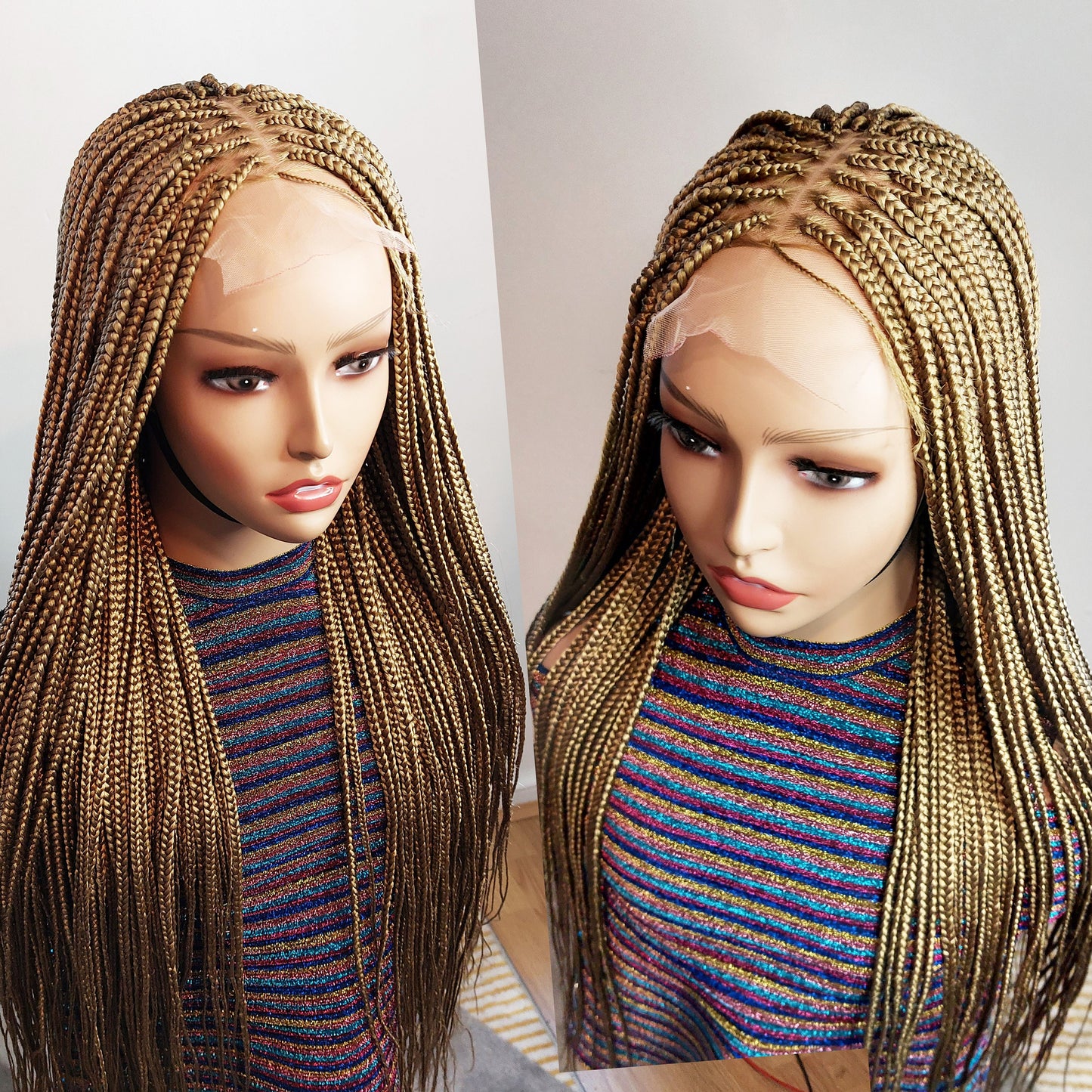 Knotless Box Braids Wig for Black Women – Gold long single braid full lace front wig – handmade glueless straight small medium – product image 5