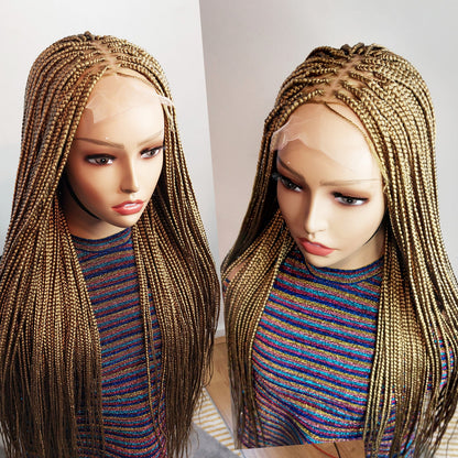 Knotless Box Braids Wig for Black Women – Gold long single braid full lace front wig – handmade glueless straight small medium – product image 5
